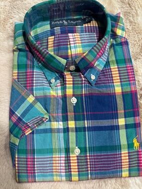 New Large Ralph Lauren Men’s Blue, Green & Yellow Plaid Button-Down Shirt